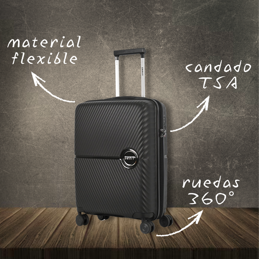 Maleta Quantum Negra con material flexible, candado TSA, ruedas 360°